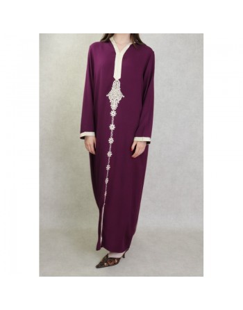 Djellaba avec capuche pour femme avec broderies - Couleur Aubergine 