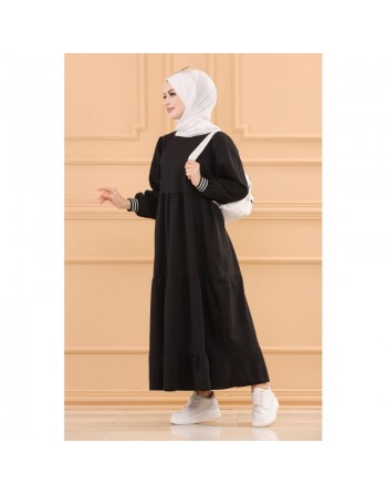 Robe casual longue ample et évasée (Vêtement hijab moderne) - Couleur noir 