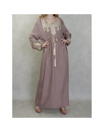 Robe longue élégante avec broderies et pompons pour femme - Couleur Beige 