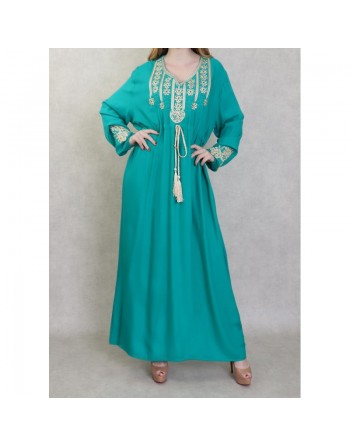 Robe longue élégante avec broderies et pompons pour femme - Couleur Vert émeraude 