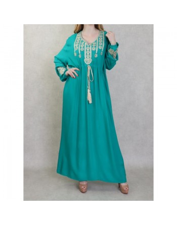 Robe longue élégante avec broderies et pompons pour femme - Couleur Vert émeraude 