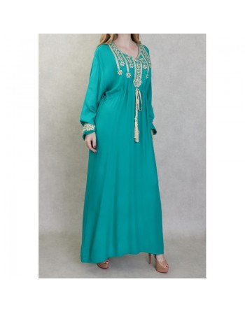 Robe longue élégante avec broderies et pompons pour femme - Couleur Vert émeraude 