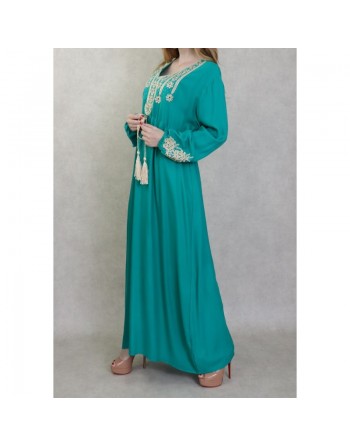 Robe longue élégante avec broderies et pompons pour femme - Couleur Vert émeraude 