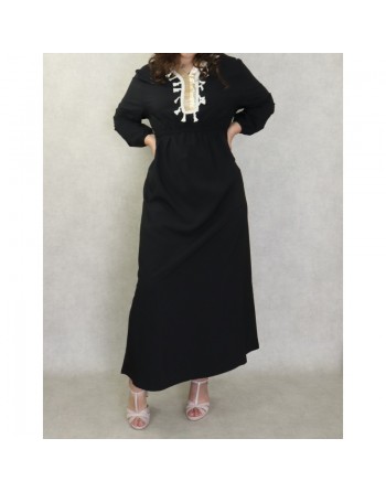 Robe longue féminine avec décoration écailles dorées et pompons - Couleur Noir 