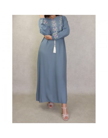Robe longue brodée avec un lien à la taille pour femme - Couleur Gris 
