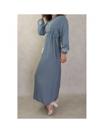 Robe longue brodée avec un lien à la taille pour femme - Couleur Gris 