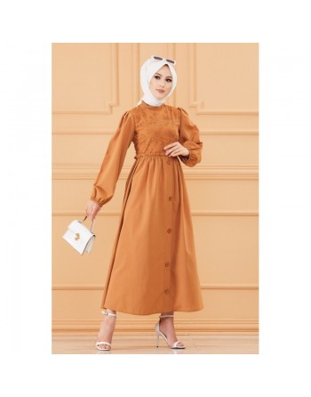 Robe en coton habillée ample et évasée avec broderies discrètes pour femme (Tenue classe pour hijab) - Couleur marron/tabac 