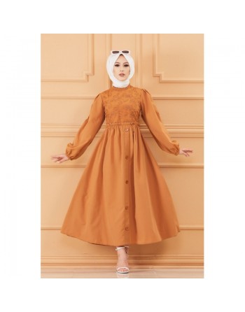 Robe en coton habillée ample et évasée avec broderies discrètes pour femme (Tenue classe pour hijab) - Couleur marron/tabac 