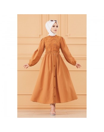 Robe en coton habillée ample et évasée avec broderies discrètes pour femme (Tenue classe pour hijab) - Couleur marron/tabac 