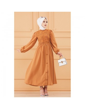 Robe en coton habillée ample et évasée avec broderies discrètes pour femme (Tenue classe pour hijab) - Couleur marron/tabac 