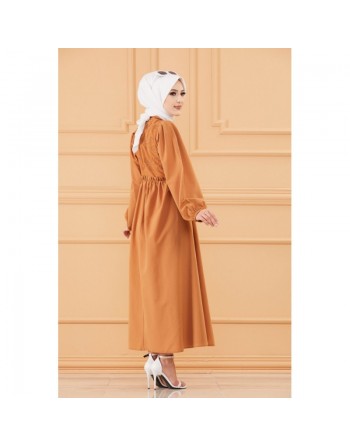Robe en coton habillée ample et évasée avec broderies discrètes pour femme (Tenue classe pour hijab) - Couleur marron/tabac 