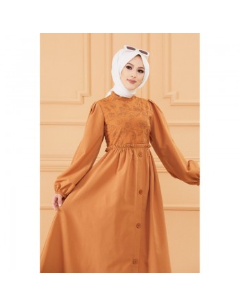 Robe en coton habillée ample et évasée avec broderies discrètes pour femme (Tenue classe pour hijab) - Couleur marron/tabac 