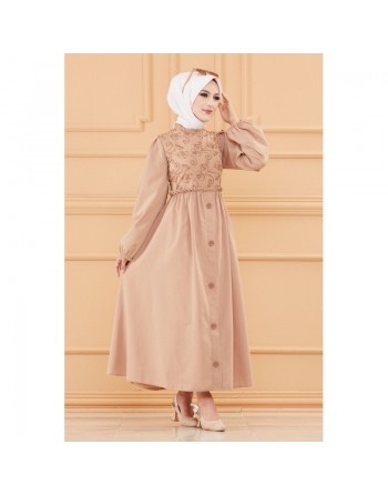 Robe en coton ample et évasée avec broderies discrètes pour femme (Vêtement style habillé pour hijab) - Couleur beige 
