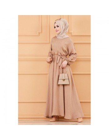Robe longue ample et évasée en coton (Vêtement pour femme voilée) - Couleur vison 