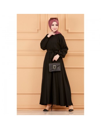 Robe longue ample et évasée en coton (Vêtement pour femme voilée) - Couleur noir 