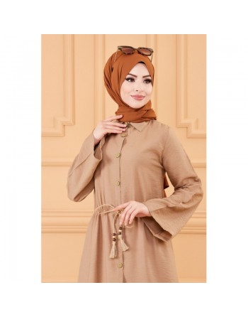 Robe casual avec ceinture intégrée pour femme (Boutique en ligne Hijab & Mode Musulmane France) - Couleur beige 