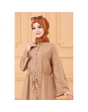 Robe casual avec ceinture intégrée pour femme (Boutique en ligne Hijab & Mode Musulmane France) - Couleur beige 