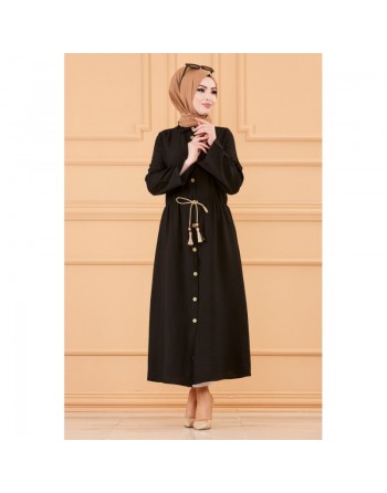Robe casual avec ceinture intégrée pour femme (Boutique en ligne Mode Modeste & Hijab France) - Couleur noir 