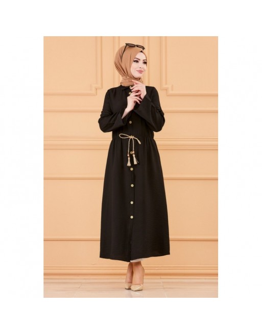 Robe casual avec ceinture intégrée pour femme (Boutique en ligne Mode Modeste & Hijab France) - Couleur noir Robe casual avec ceinture intégrée pour femme (Boutique en ligne Mode Modeste & Hijab France) - Couleur noir