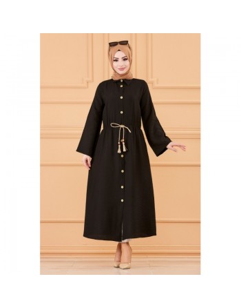 Robe casual avec ceinture intégrée pour femme (Boutique en ligne Mode Modeste & Hijab France) - Couleur noir 