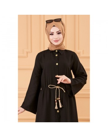 Robe casual avec ceinture intégrée pour femme (Boutique en ligne Mode Modeste & Hijab France) - Couleur noir 