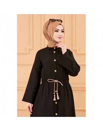 Robe casual avec ceinture intégrée pour femme (Boutique en ligne Mode Modeste & Hijab France) - Couleur noir 