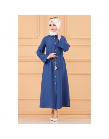 Robe casual avec ceinture intégrée pour femme (Boutique Hijab & Modest Fashion France) - Couleur bleu indigo 