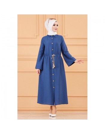 Robe casual avec ceinture intégrée pour femme (Boutique Hijab & Modest Fashion France) - Couleur bleu indigo 