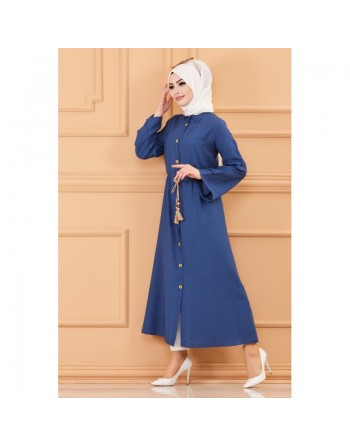 Robe casual avec ceinture intégrée pour femme (Boutique Hijab & Modest Fashion France) - Couleur bleu indigo 