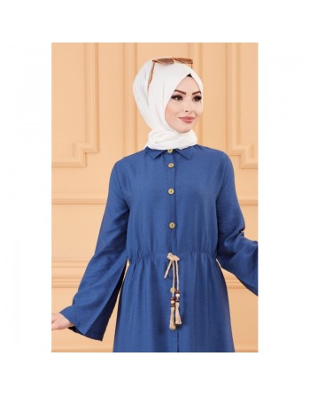 Robe casual avec ceinture intégrée pour femme (Boutique Hijab & Modest Fashion France) - Couleur bleu indigo 