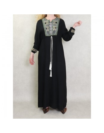 Robe femme moderne brodée avec un lien à la taille - Noir 