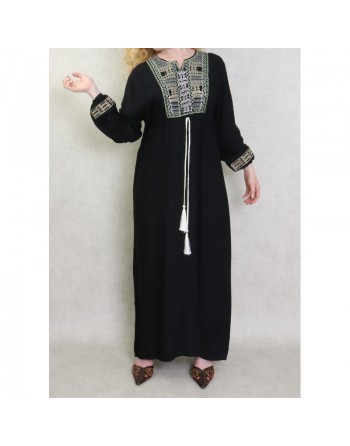 Robe femme moderne brodée avec un lien à la taille - Noir 