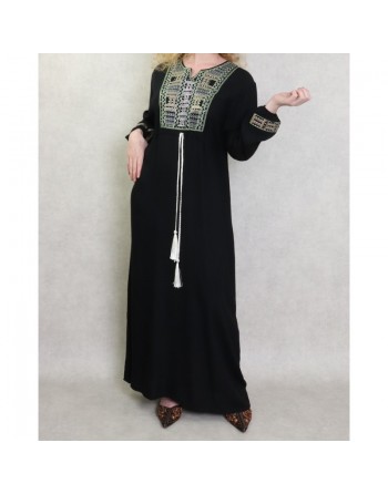 Robe femme moderne brodée avec un lien à la taille - Noir 