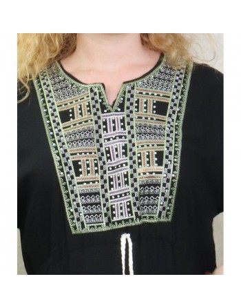 Robe femme moderne brodée avec un lien à la taille - Noir 