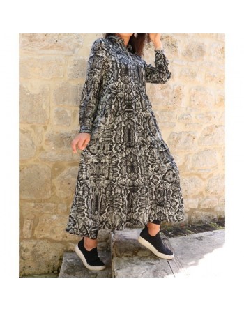 Robe chemise mi-longue motif python pour femme - Couleur Kaki 