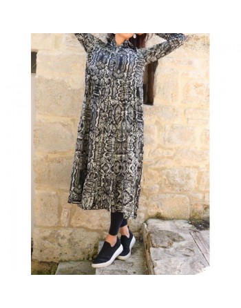 Robe chemise mi-longue motif python pour femme - Couleur Kaki 