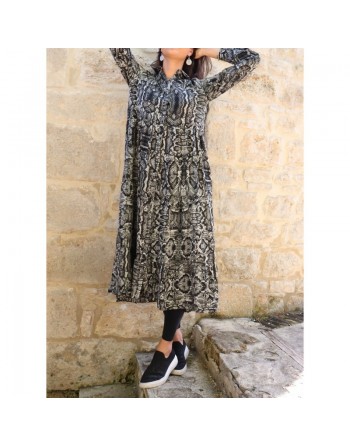 Robe chemise mi-longue motif python pour femme - Couleur Kaki 