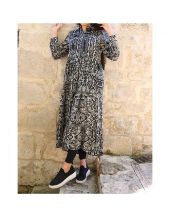 Robe chemise mi-longue motif python pour femme - Couleur Kaki 