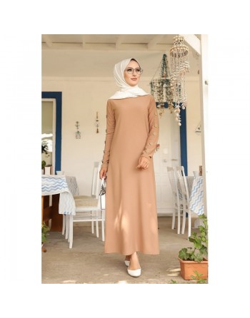 Robe décorée de boutons pour femme voilée - Vêtement islamique moderne - Couleur Vison 