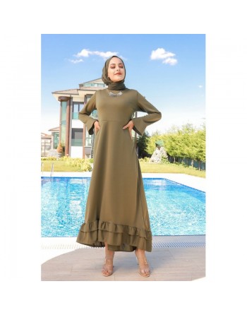 Robe très longue à volants (Abayas et vetements pour femmes voilées) - Couleur Kaki 