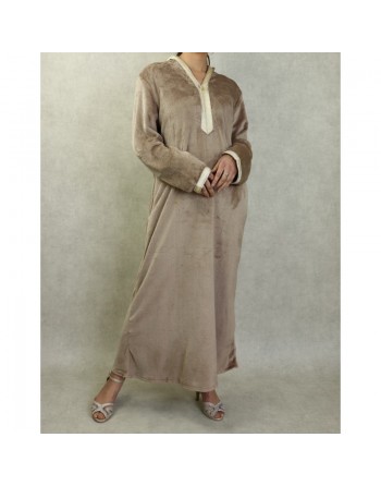Djellaba maille polaire à capuche pour femme (Saison Automne-Hiver) - Couleur Beige 
