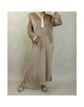 Djellaba maille polaire à capuche pour femme (Saison Automne-Hiver) - Couleur Beige 