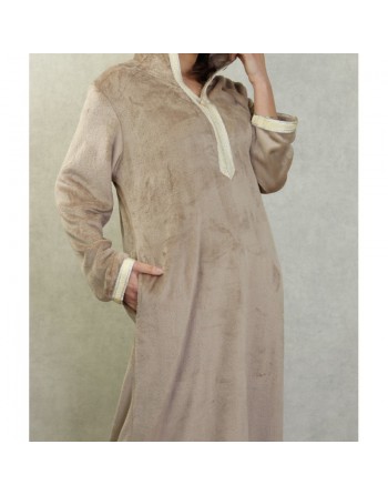 Djellaba maille polaire à capuche pour femme (Saison Automne-Hiver) - Couleur Beige 