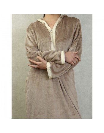 Djellaba maille polaire à capuche pour femme (Saison Automne-Hiver) - Couleur Beige 