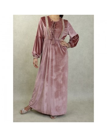 Robe orientale en velours avec broderie, perle et strass pour femme - Couleur Vieux rose 