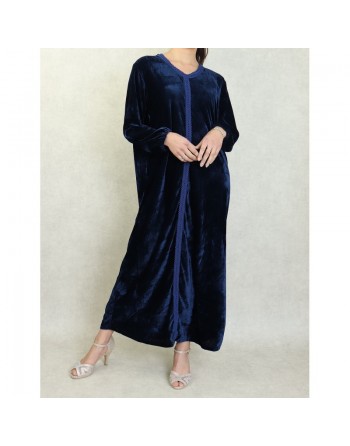 Robe arabe longue en velours avec broderie pour femme - Couleur Bleu marine 