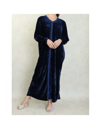 Robe arabe longue en velours avec broderie pour femme - Couleur Bleu marine 