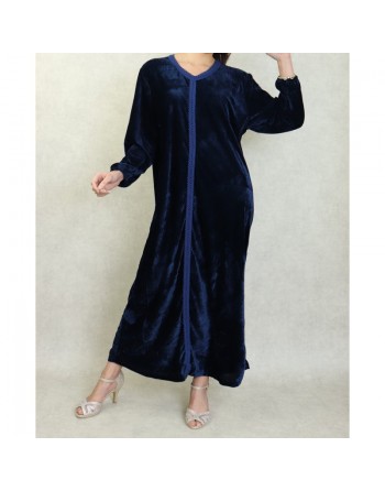 Robe arabe longue en velours avec broderie pour femme - Couleur Bleu marine 