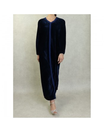 Robe arabe longue en velours avec broderie pour femme - Couleur Bleu marine 