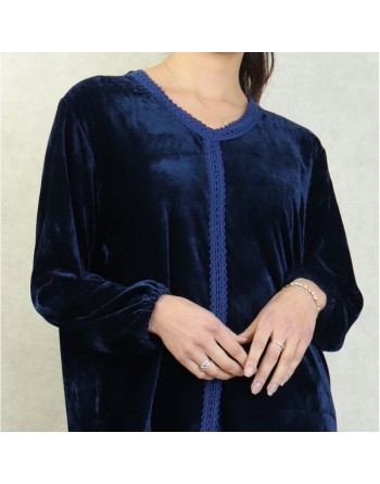 Robe arabe longue en velours avec broderie pour femme - Couleur Bleu marine 